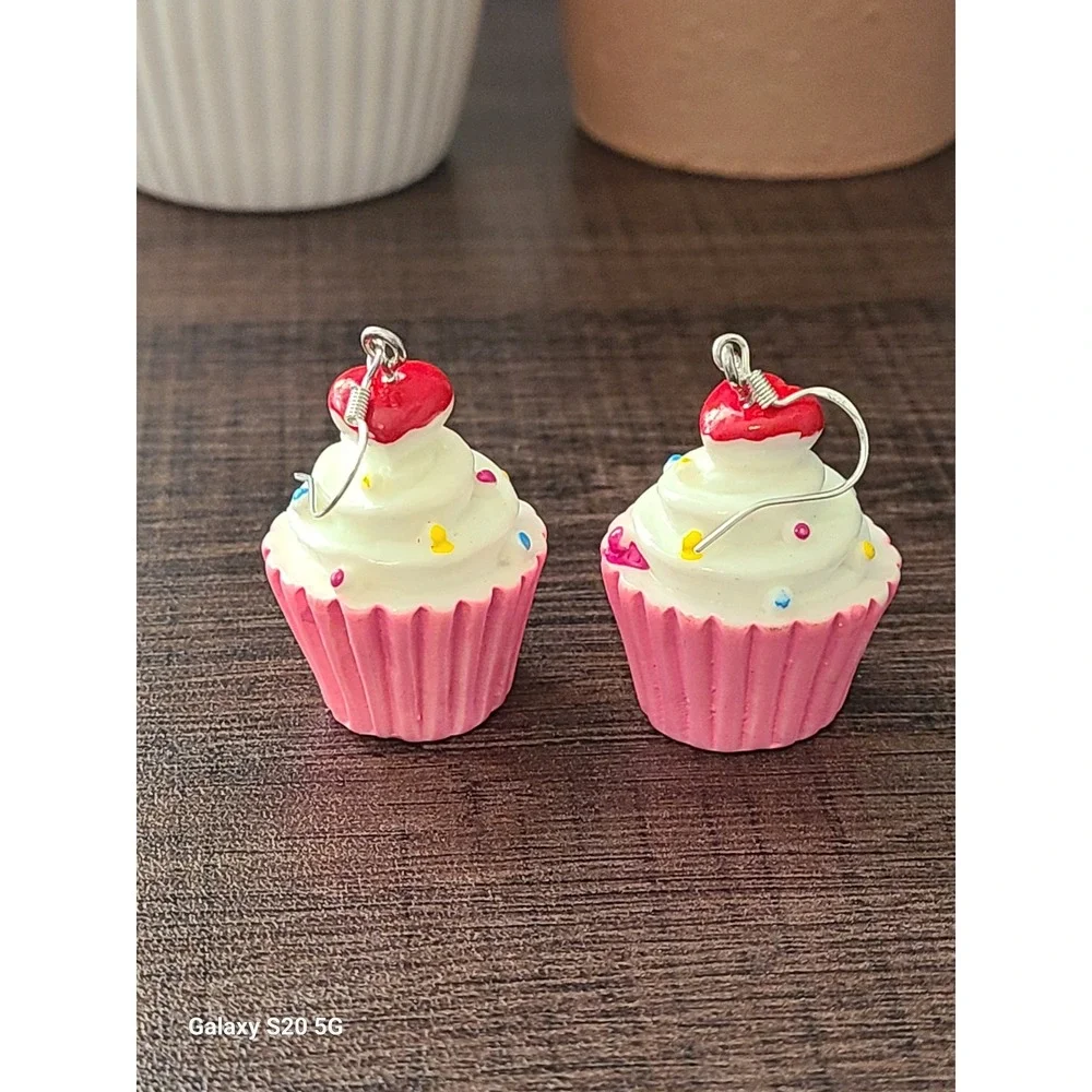 Handmade Cute Cupcake Earrings Red Cherry White‎ Frosting Pink Wrapper Treat Fun